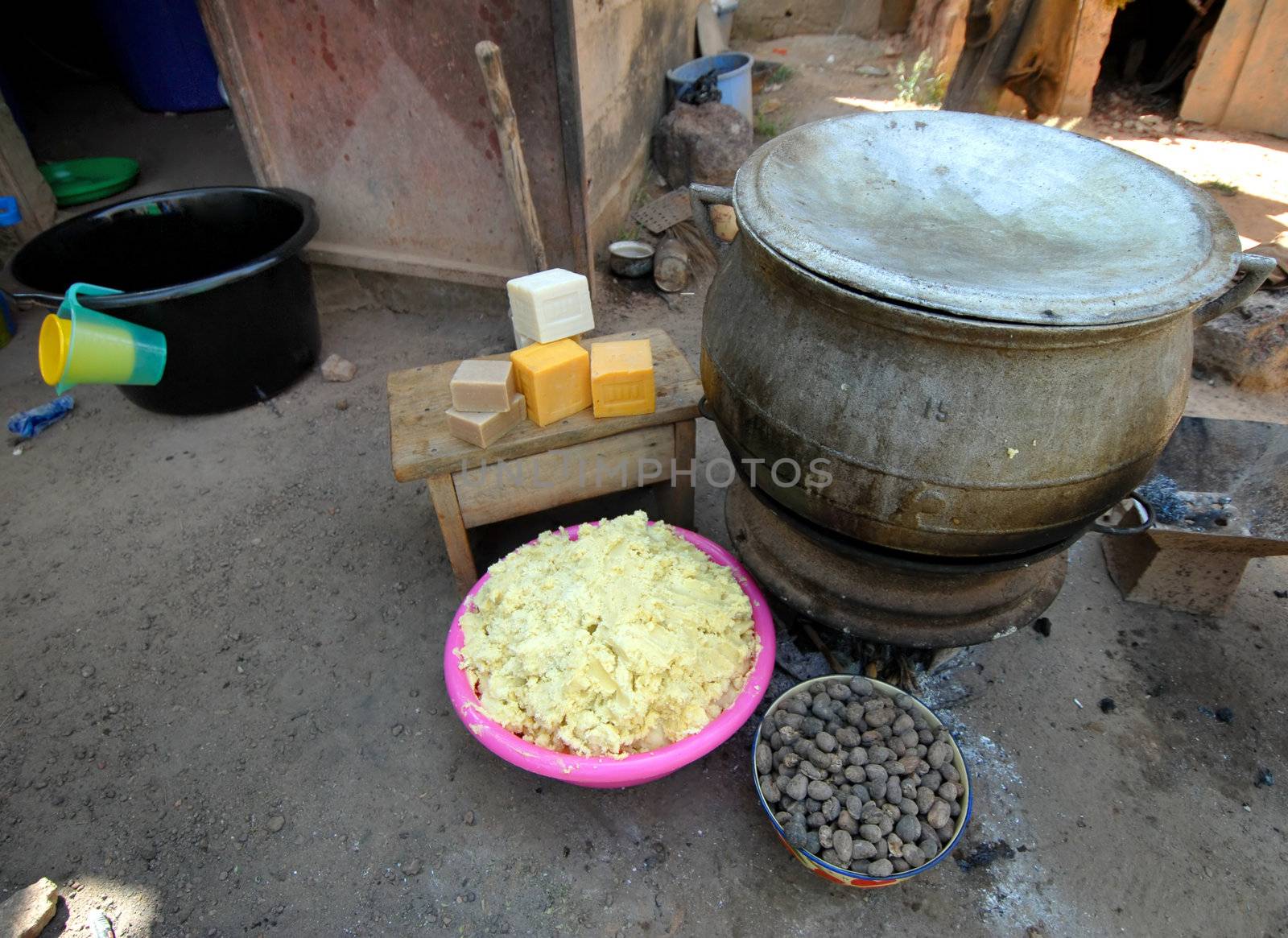 elements of shea butter, nuts, cream and soap