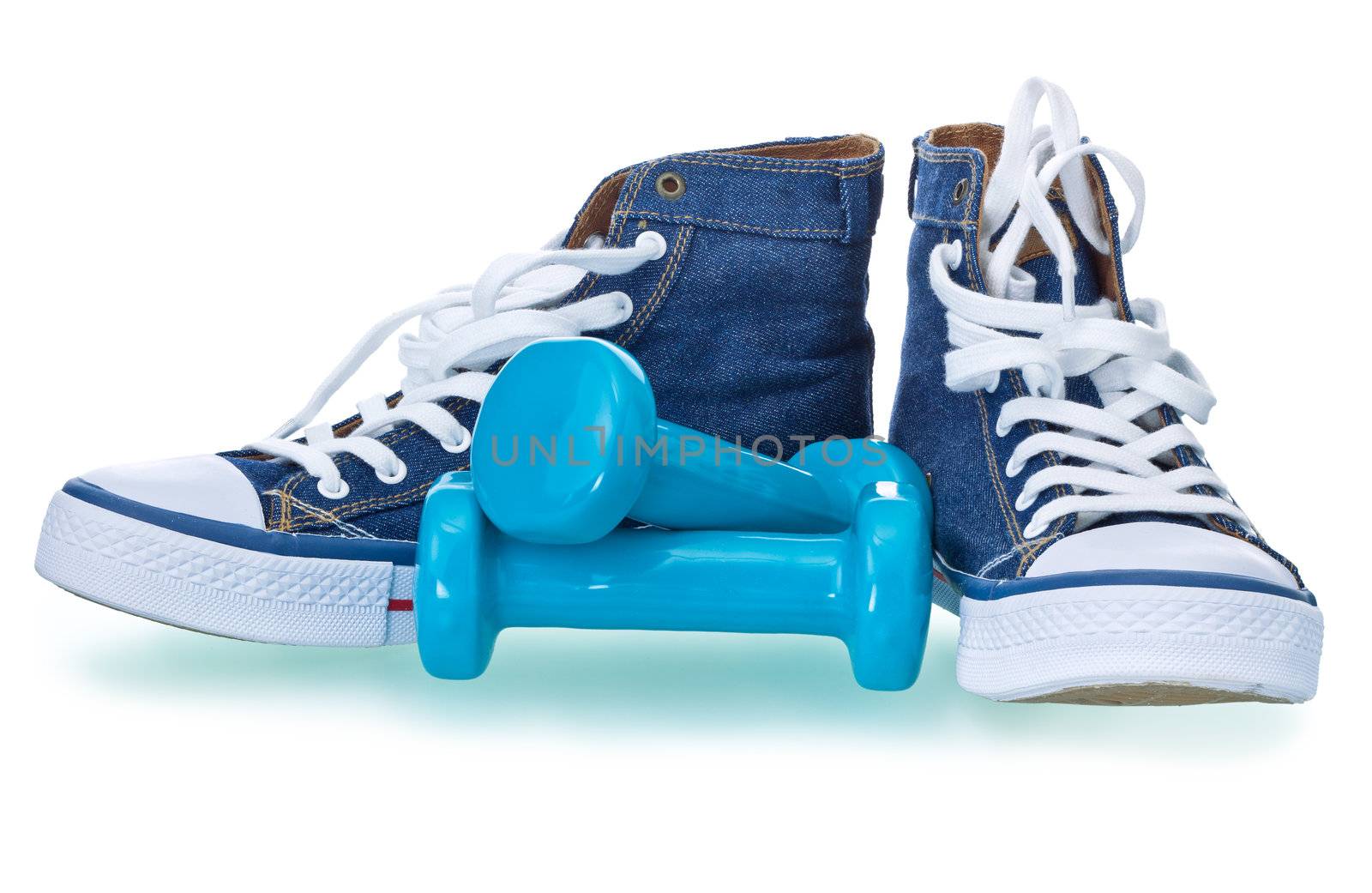 pair of simple gumshoes ( sneakers ) of denim canvas  on a white background