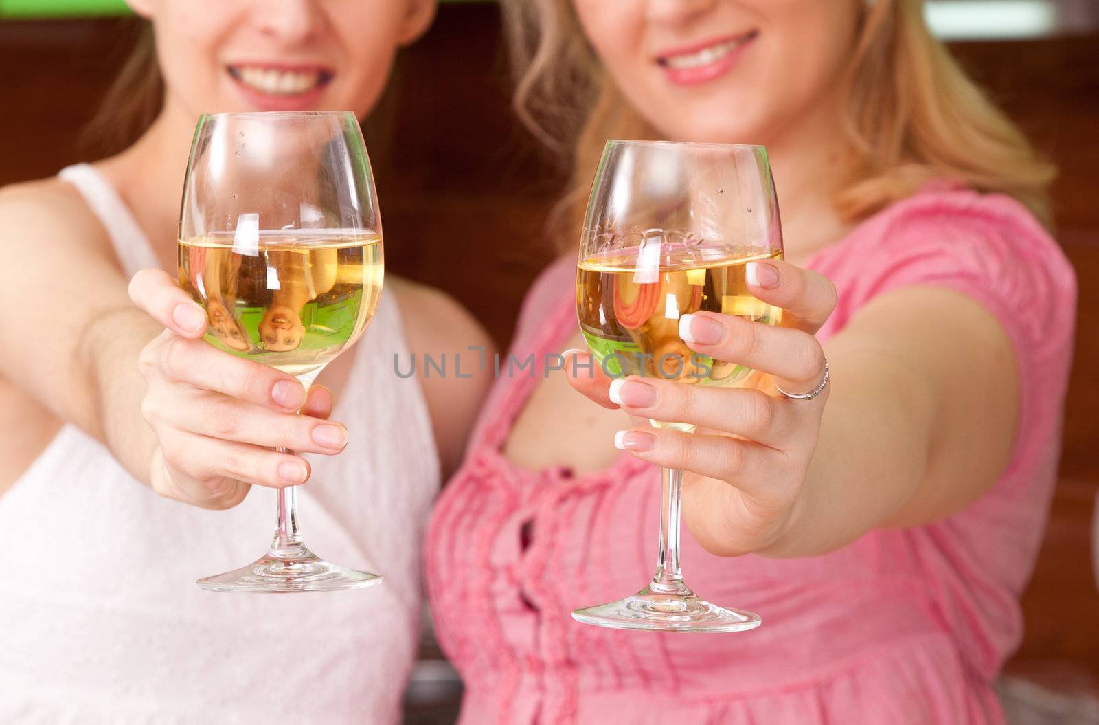 Two young women with glasses of wine in the kitchen