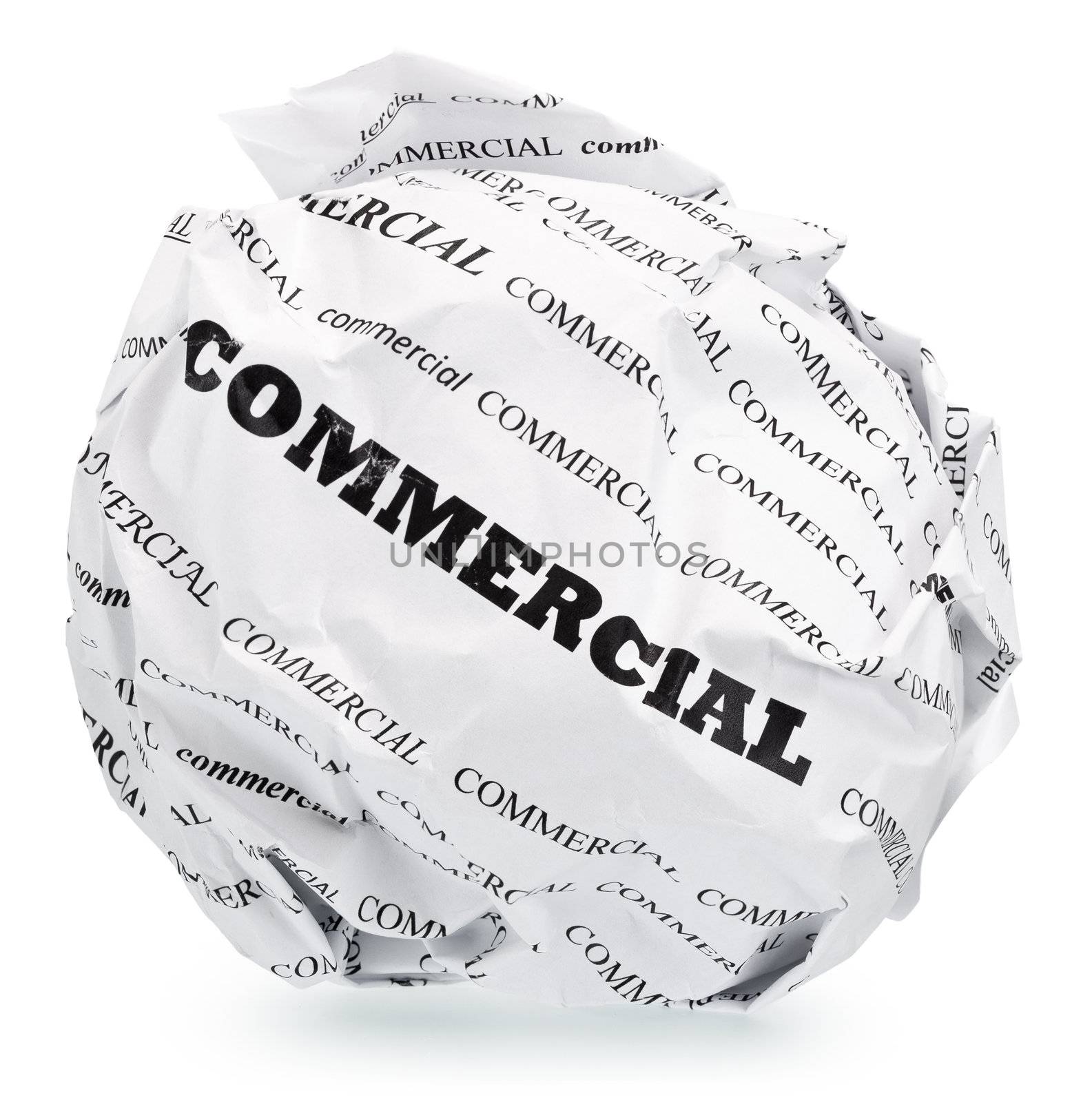 ball of crumpled paper with conceptual text. Isolated with clipping path, expanding the zone of focus achieved by picking out a few photos