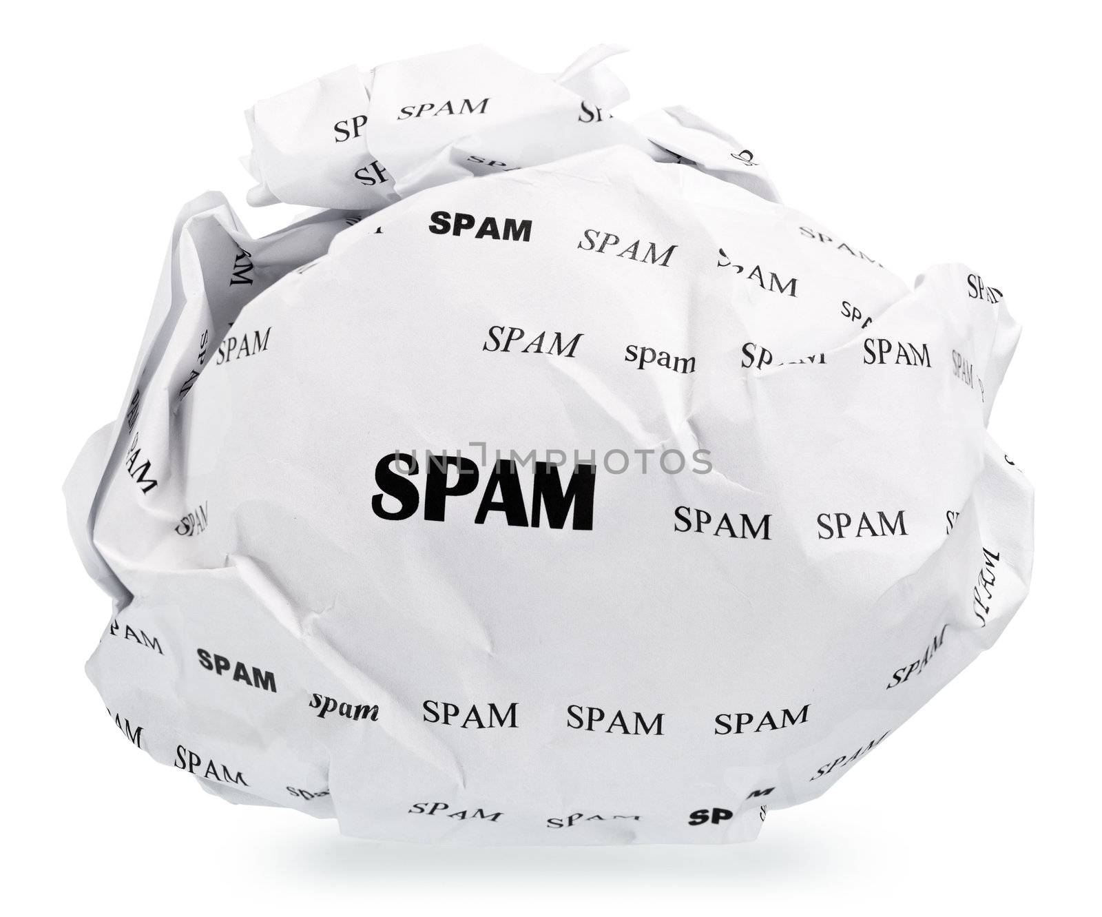ball of crumpled paper with conceptual text. Isolated with clipping path, expanding the zone of focus achieved by picking out a few photos