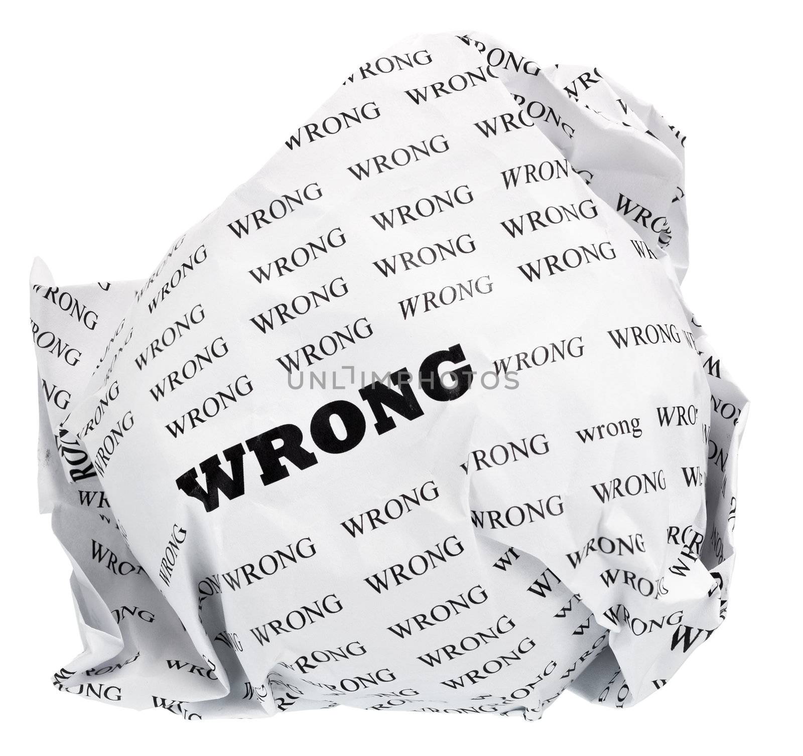 ball of crumpled paper with conceptual text. Isolated with clipping path, expanding the zone of focus achieved by picking out a few photos