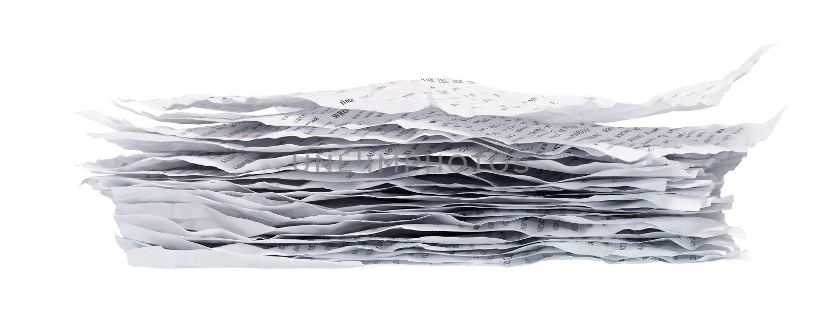 pile of crumpled papers closeup on white background
