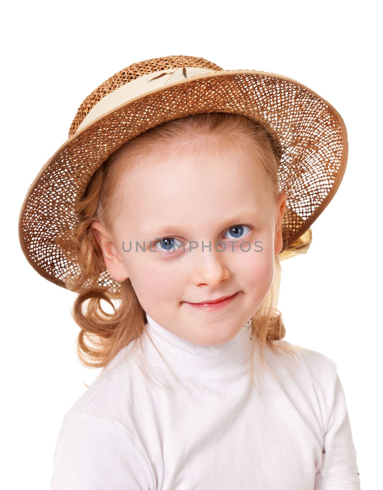 Portrait of schoolgirls in a straw hat on a white background