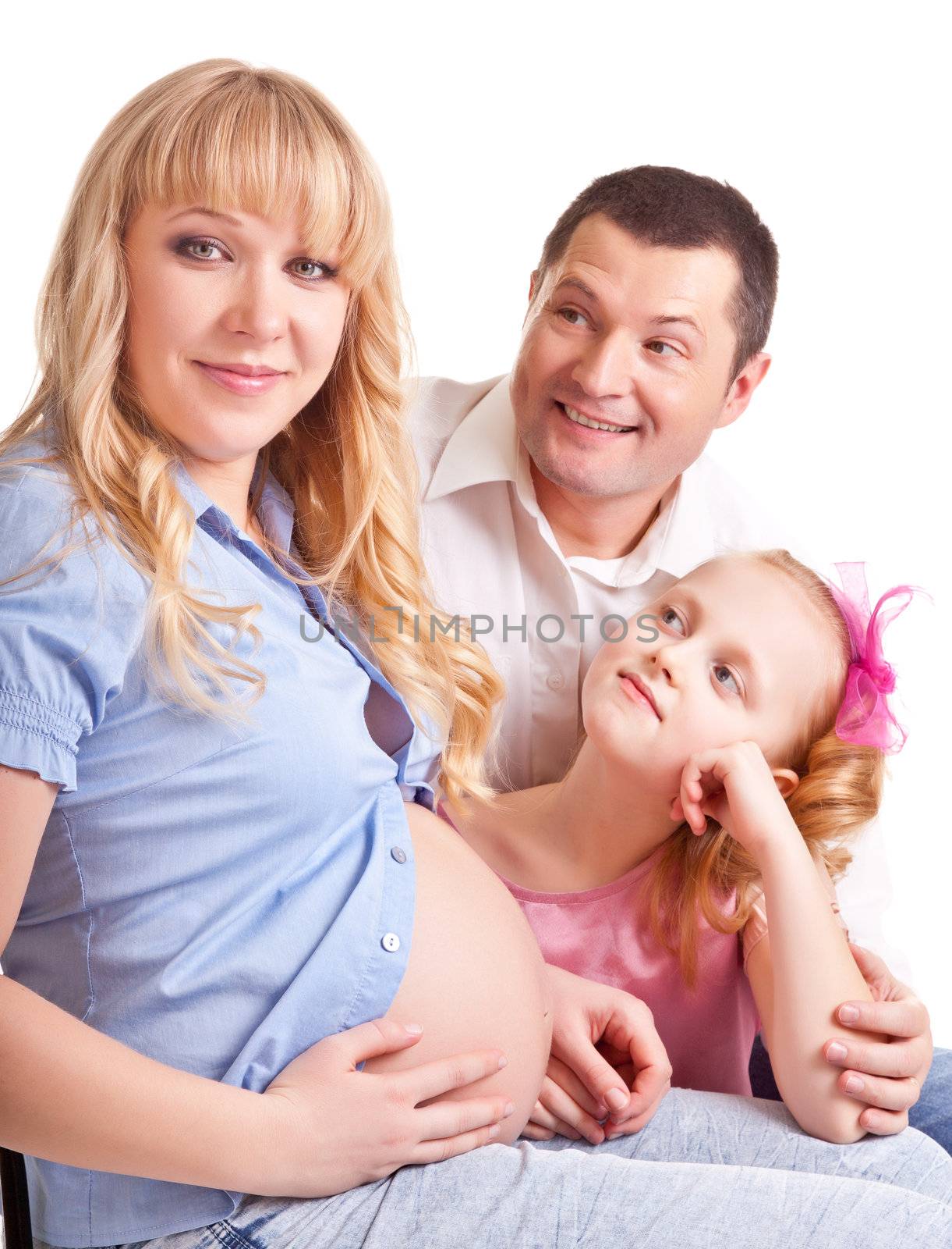 Family. A man, a pregnant woman and child on a white background