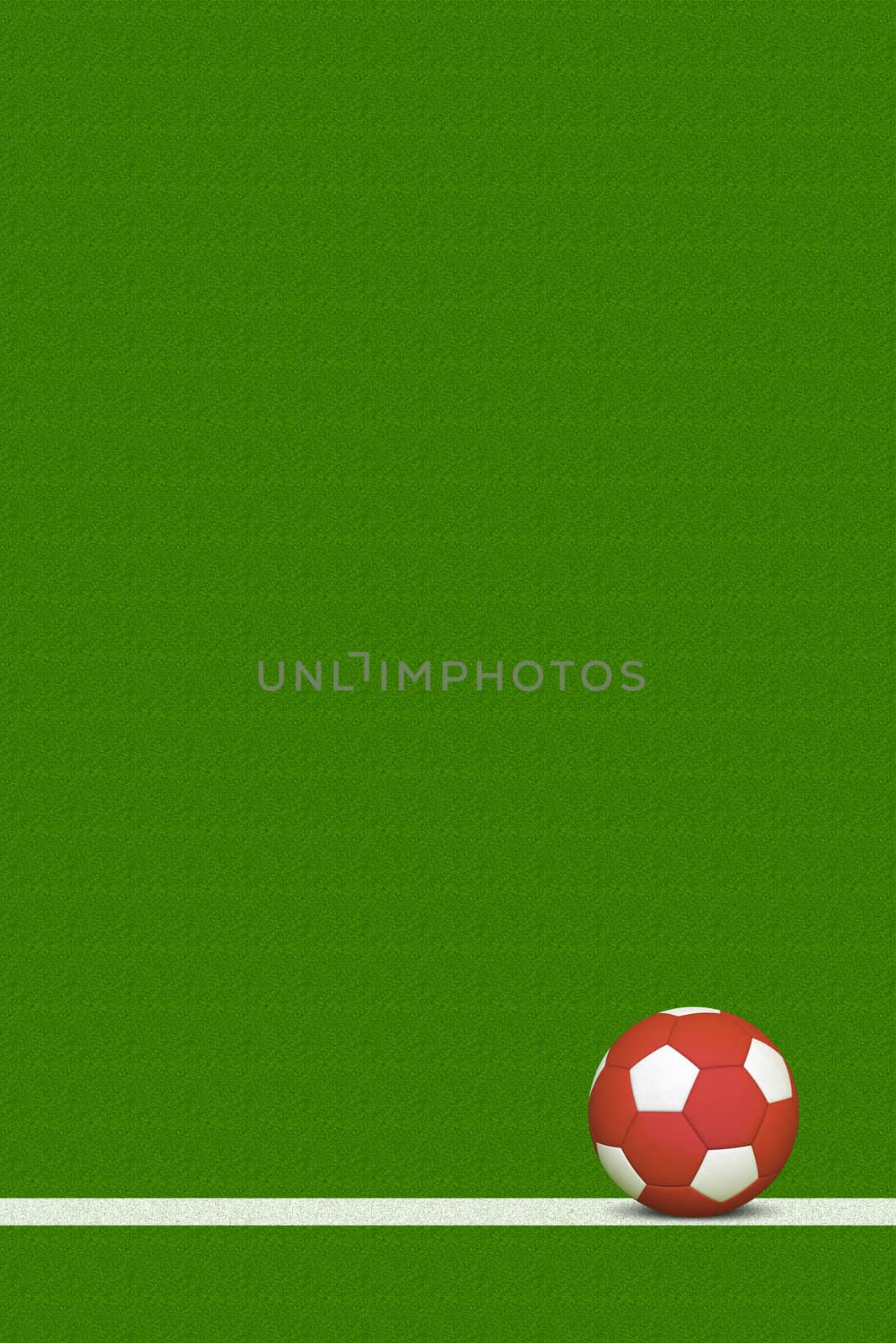 Red Soccer Ball Over White Line of Grass Field