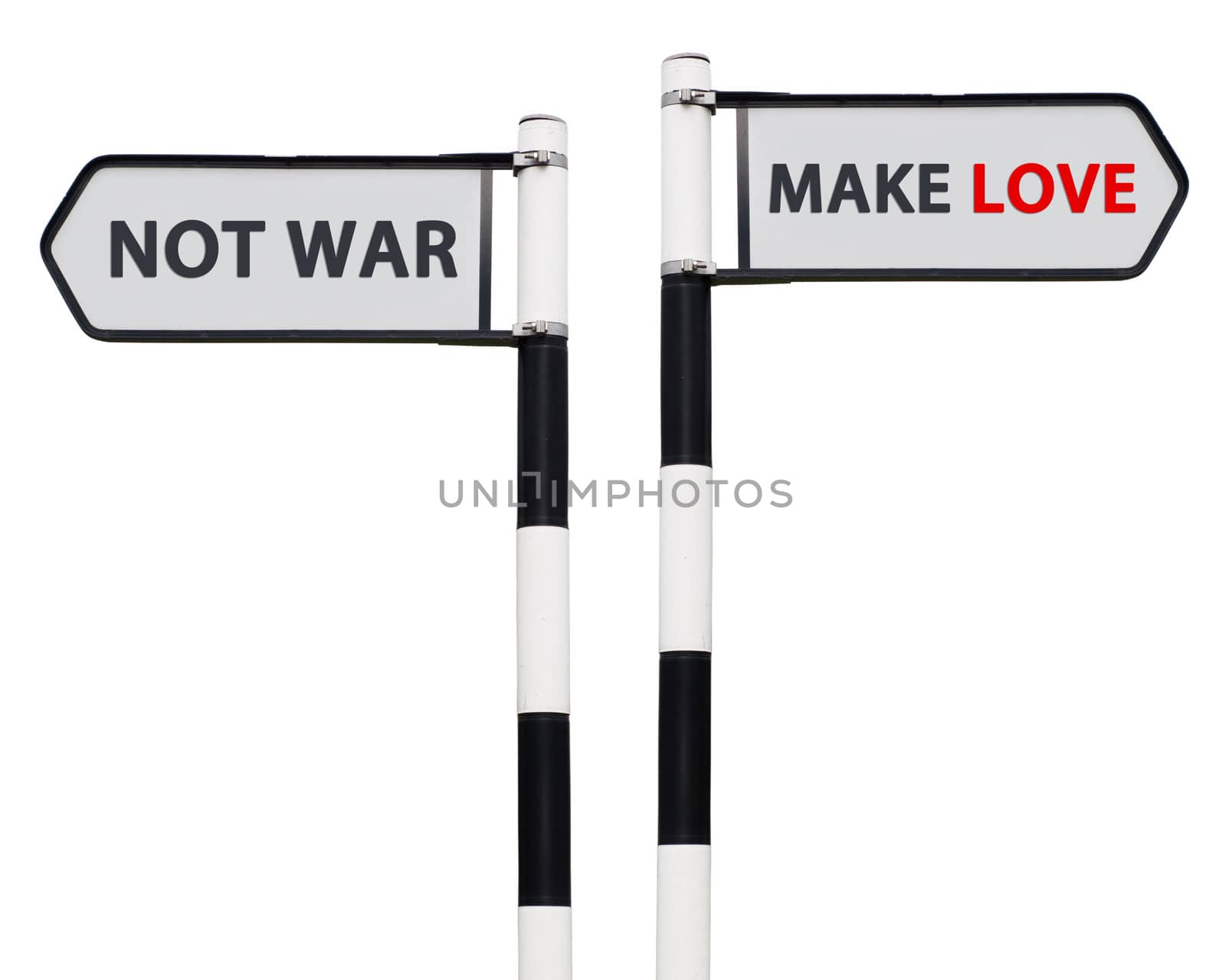 conceptual picture with make love not war road signs isolated on white background