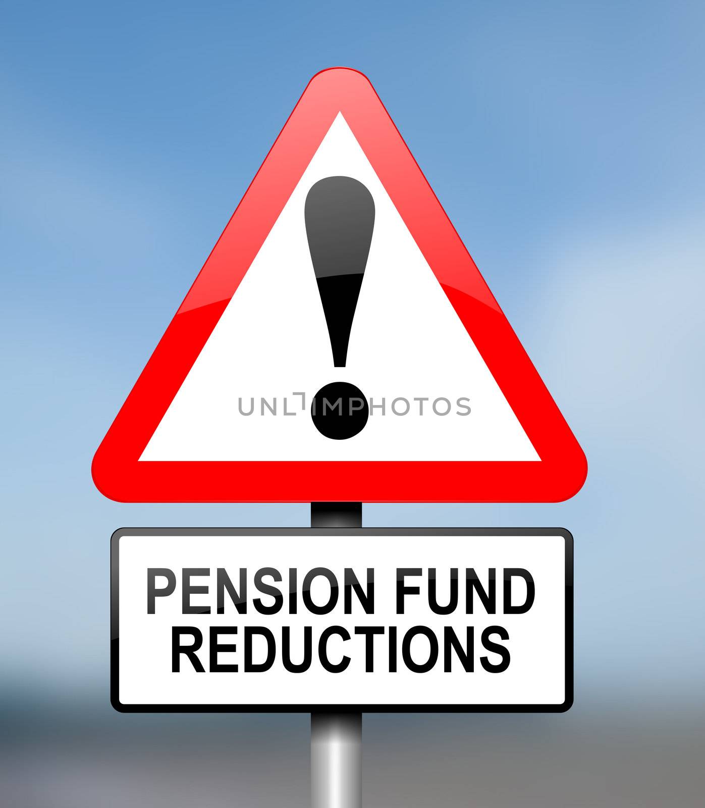 Illustration depicting red and white triangular warning road sign with a pension fund concept. Blurred background.