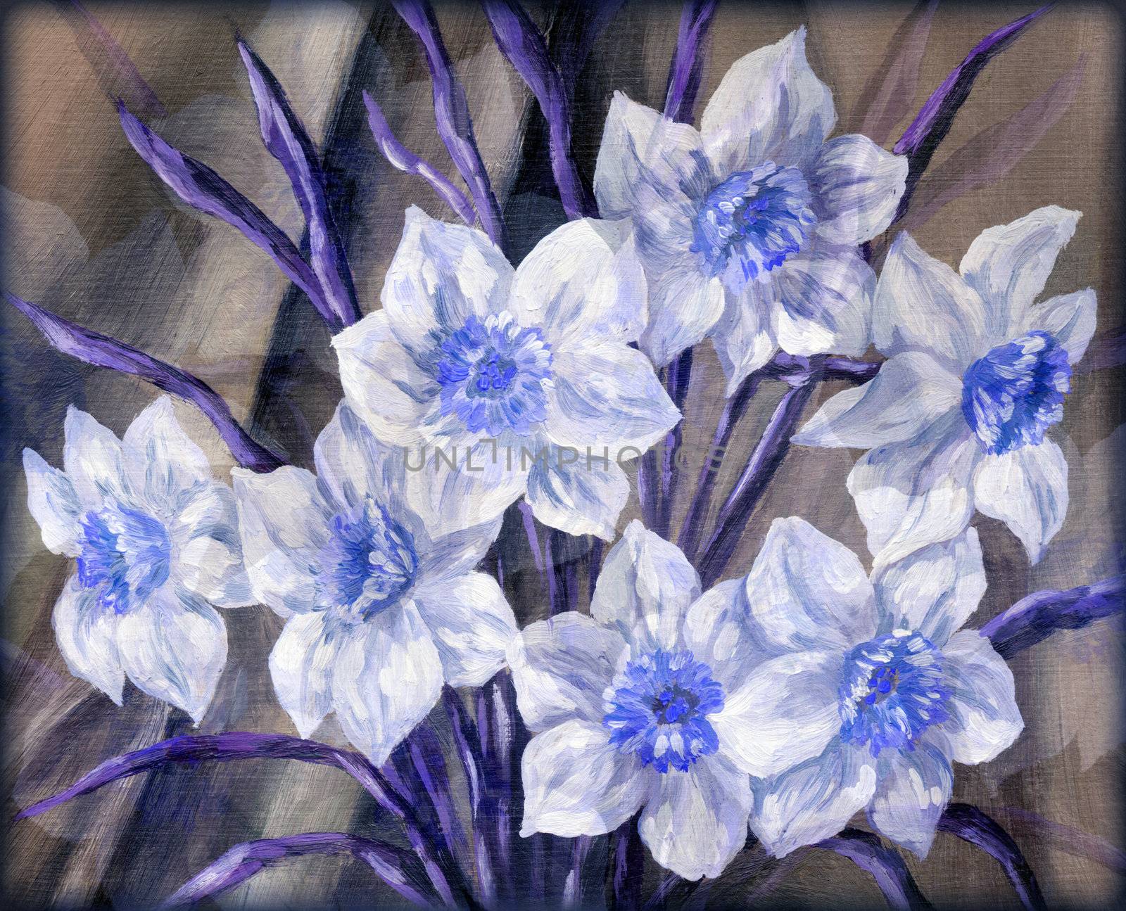 Picture, still-life, blue and white flowers bouquet. Hand draw oil paints on a canvas