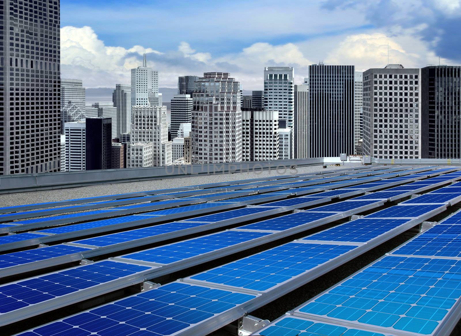 solar panels on the roof of modern skyscraper