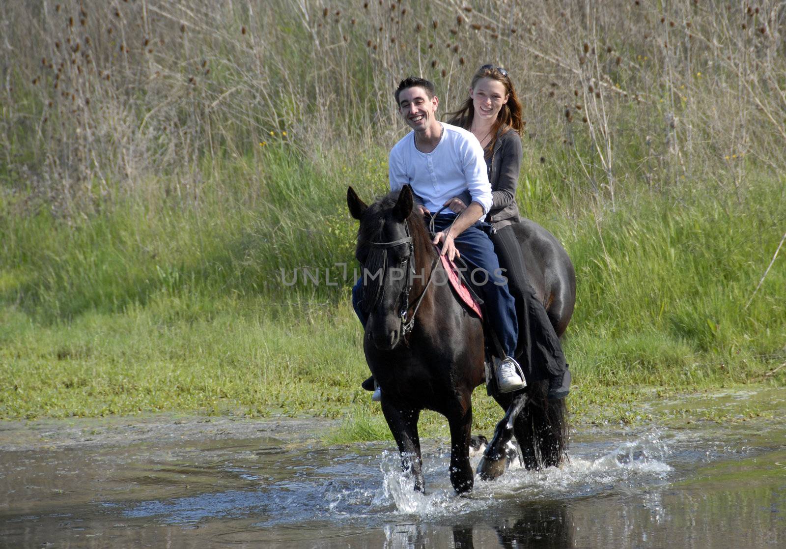 riding lovers on a black stallion in a river