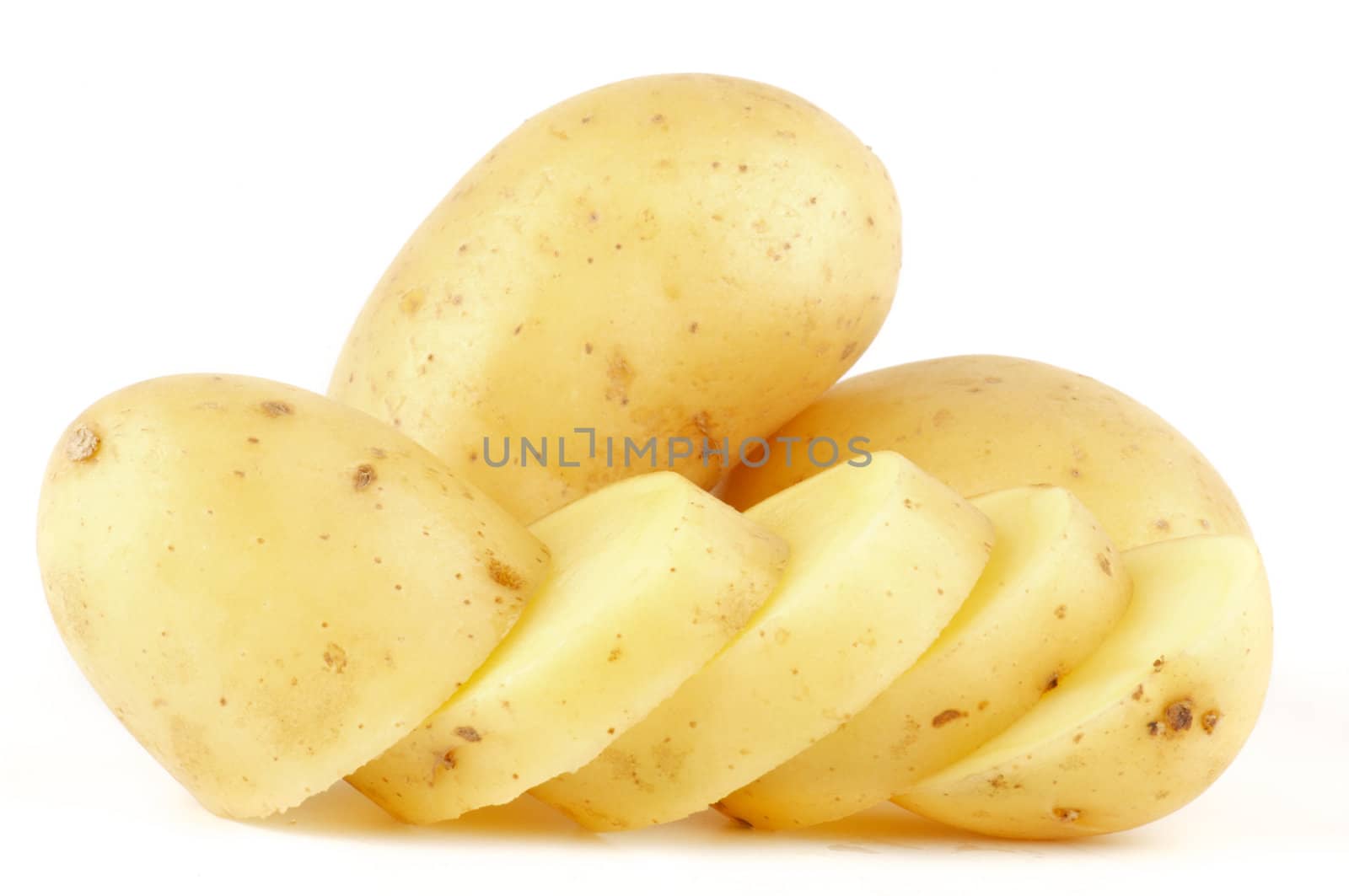 Raw Potato Full body and Freshly slided Isolated on white background