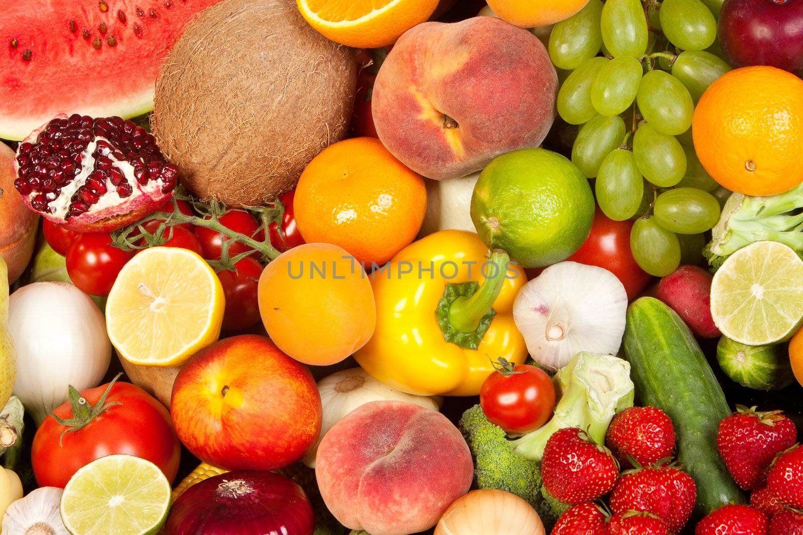 Huge group of fresh vegetables and fruits isolated on a white background. Shot in a studio