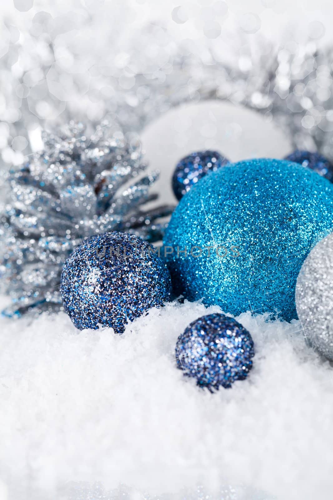 traditional festive christmas decoration glitter in silver and blue