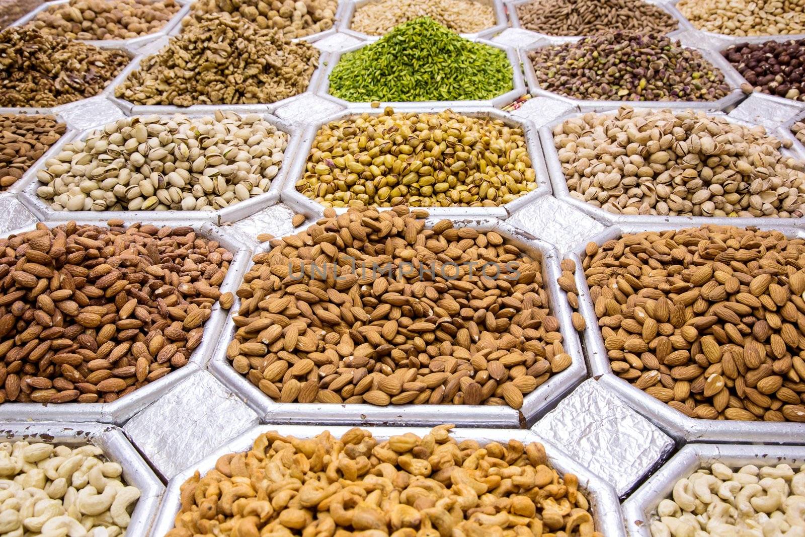 Varieties of nuts: peanuts, hazelnuts, chestnuts, walnuts, pistachio and pecans. Food and cuisine.