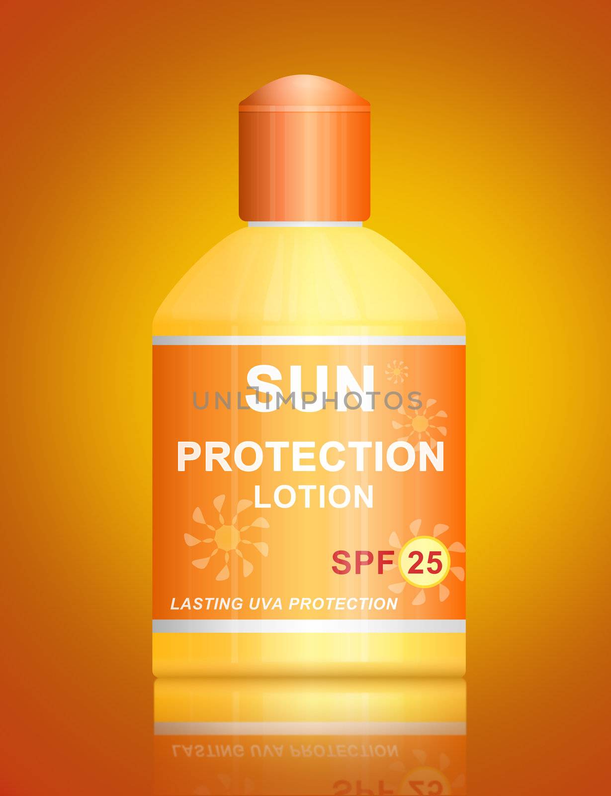 Illustration depicting a single uva SPF 25 sun protection lotion bottle arranged over vibrant golden background.