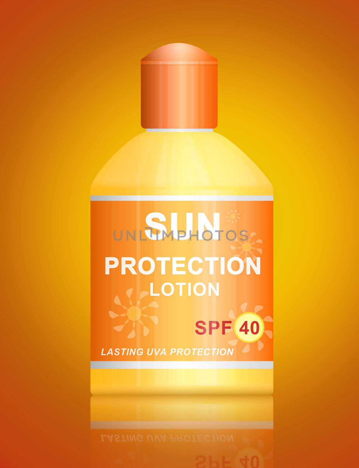Illustration depicting a single uva SPF 40 sun protection lotion bottle arranged over vibrant golden background.