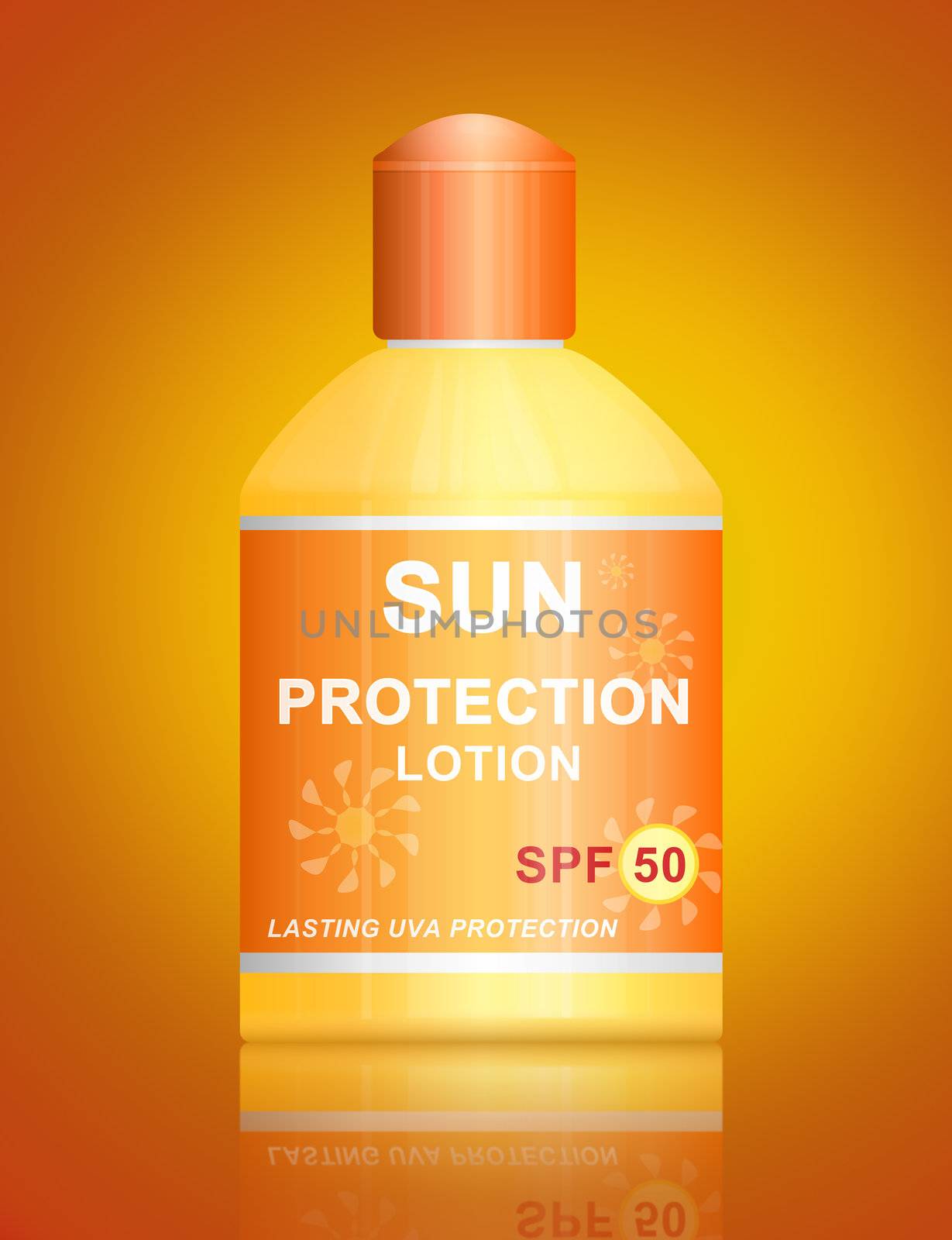 Illustration depicting a single uva SPF 50 sun protection lotion bottle arranged over vibrant golden background.