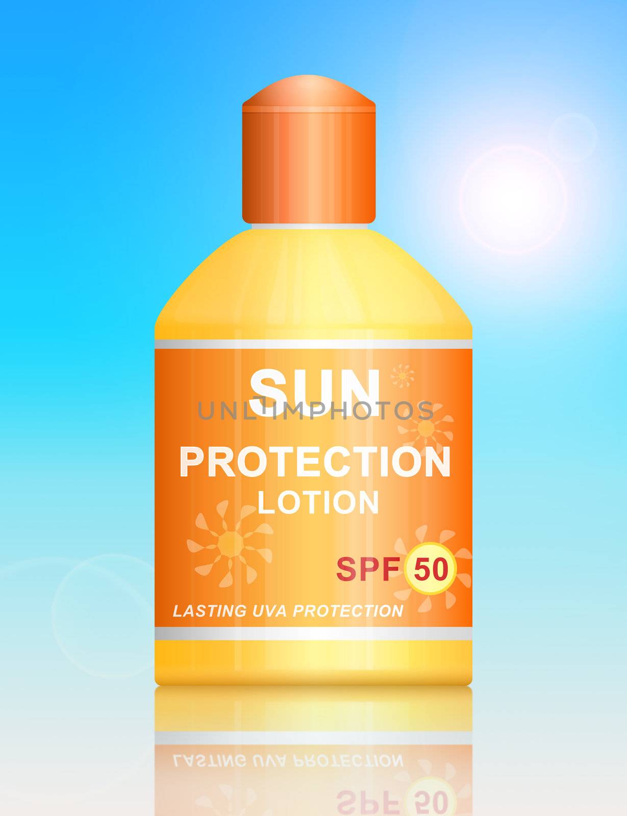 Illustration depicting a single uva SPF 50 sun protection lotion bottle arranged over vibrant blue light effect background.