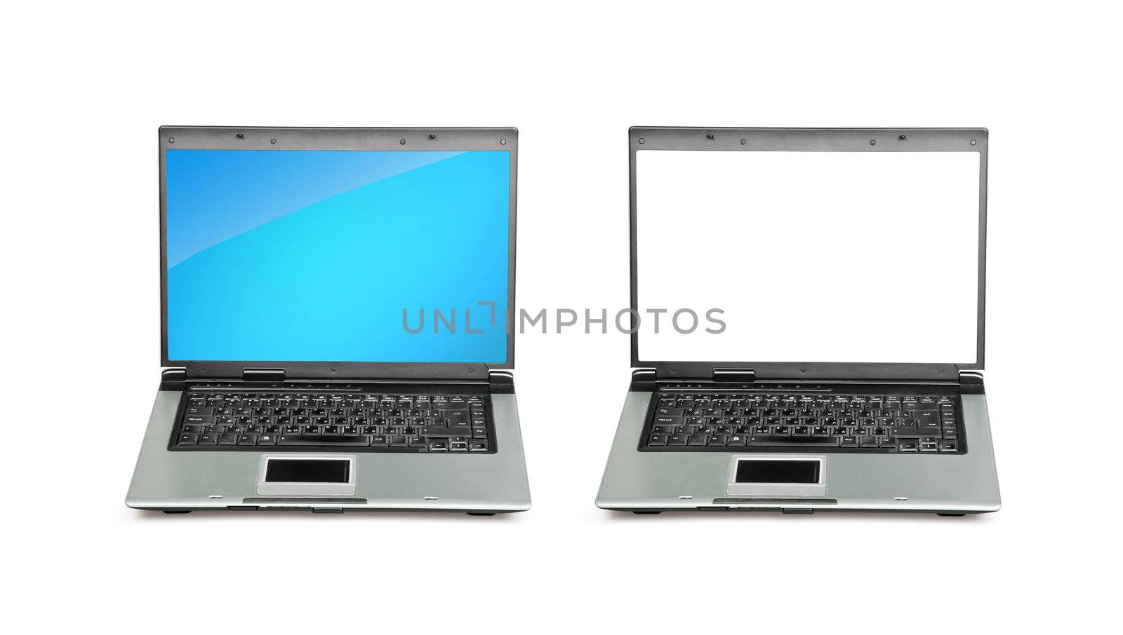 Open laptop showing keyboard and screen isolated on white background