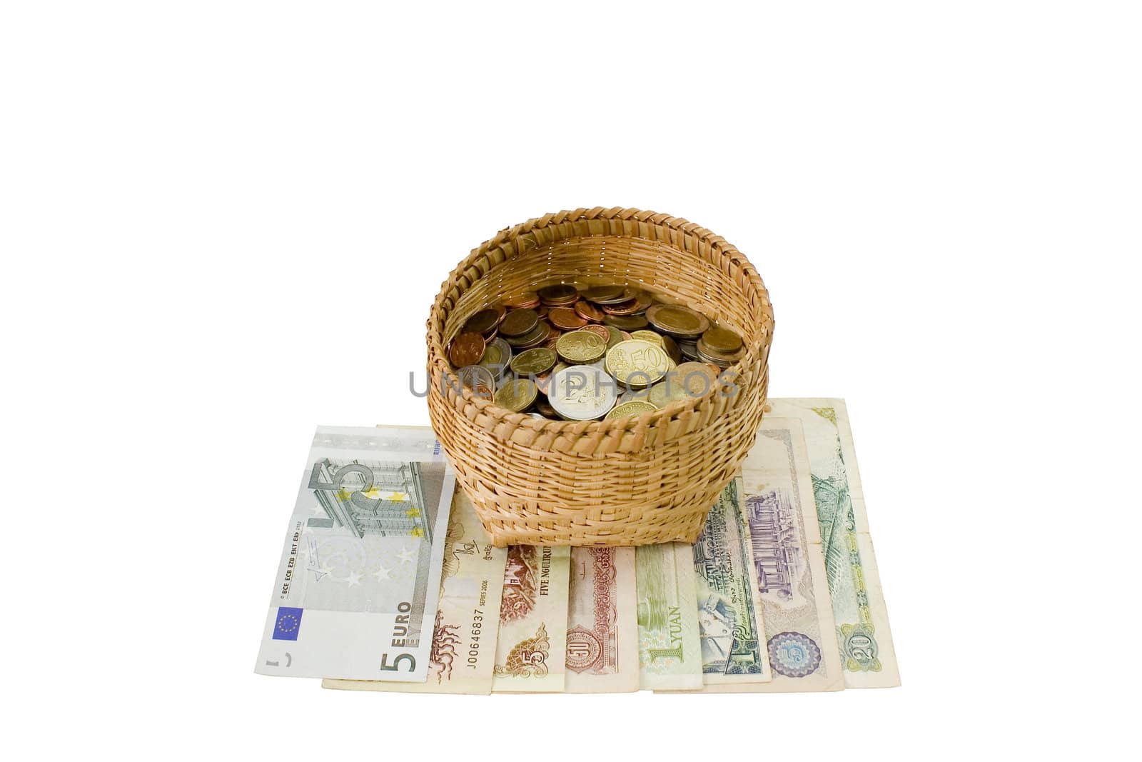 Saving money isolated with coin into a basket.