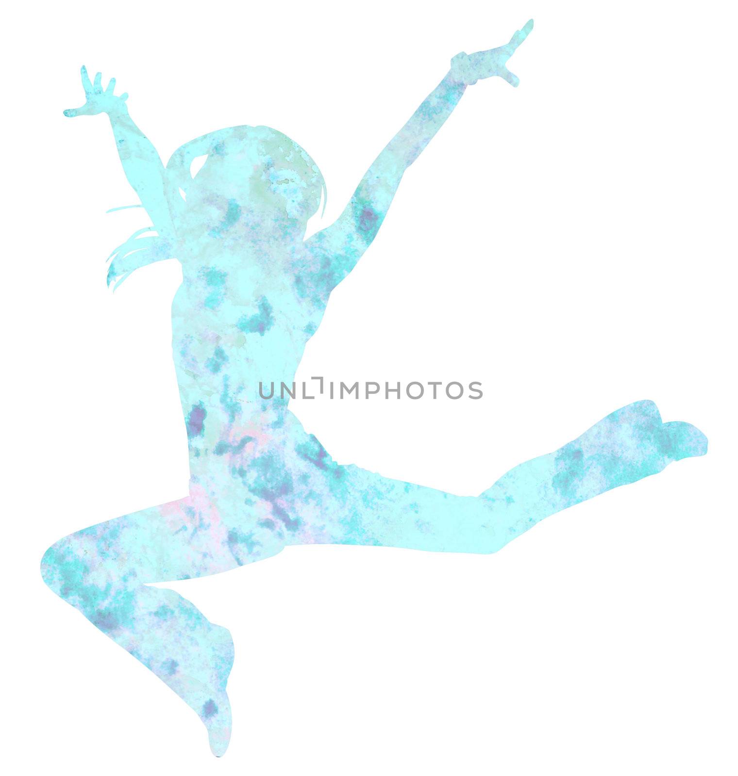 woman dancer silhouette grunge illustration light blue watercolor paint