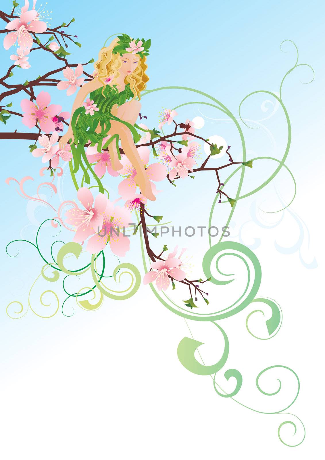 little green blond fairy sitting on the blossom cherry tree branch vector decorative illustration