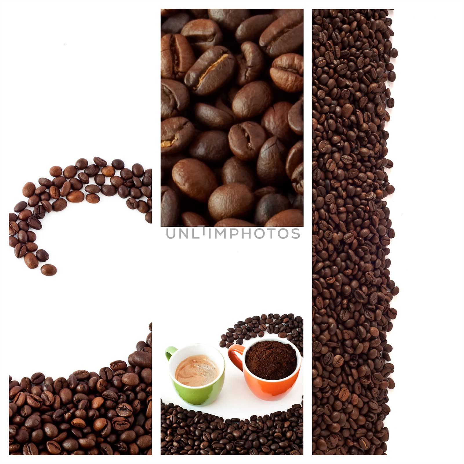 collage coffee beans and ground coffee on a white background