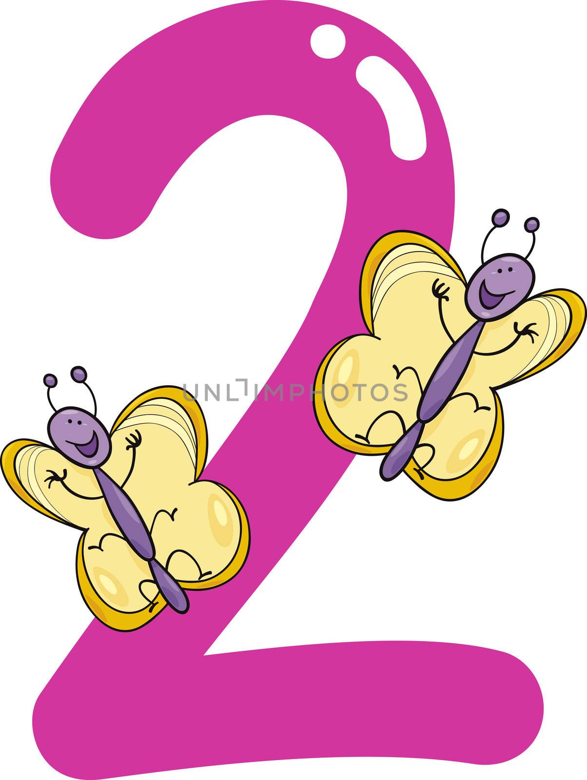 cartoon illustration with number two and butterflies