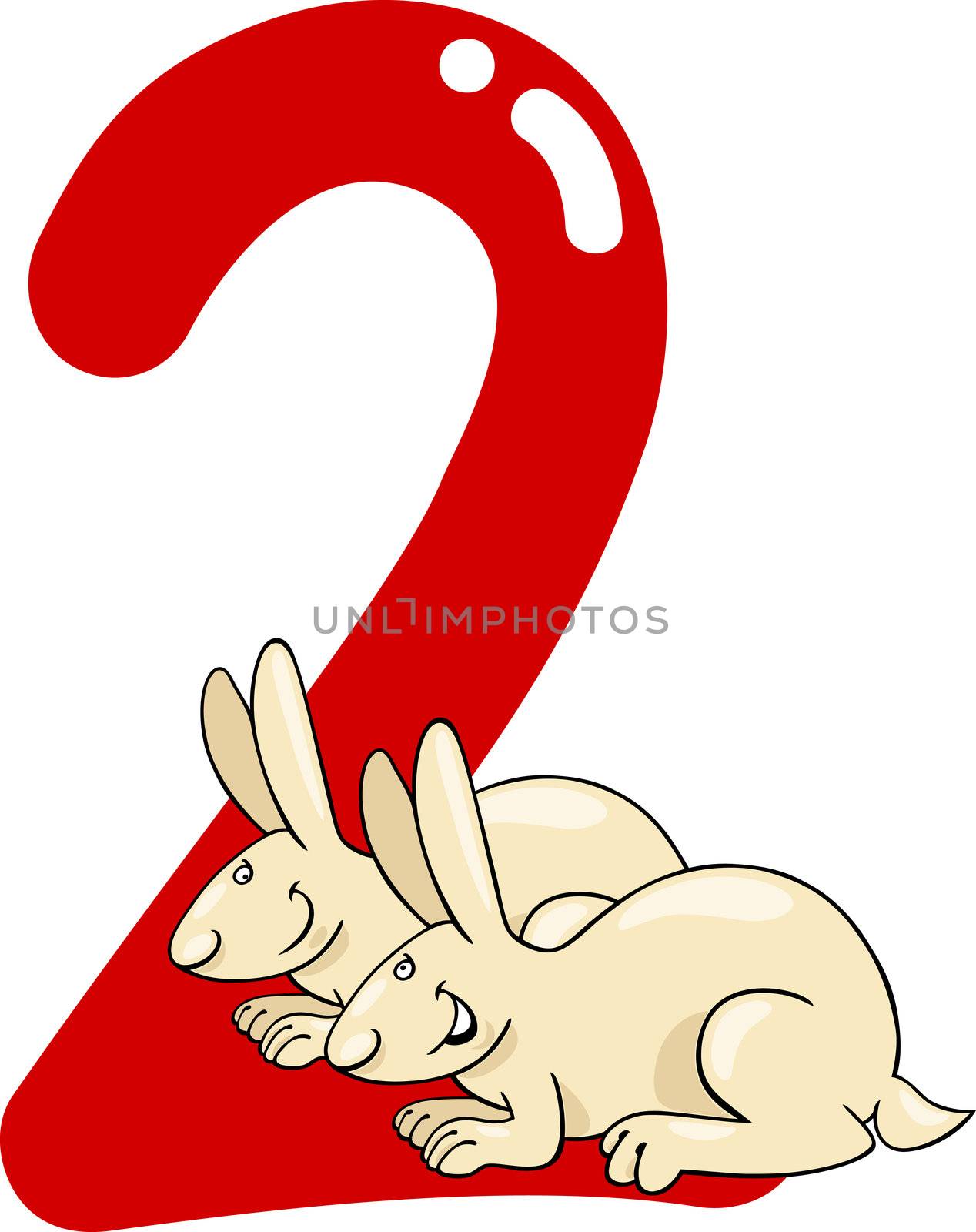 cartoon illustration with number two and bunnies