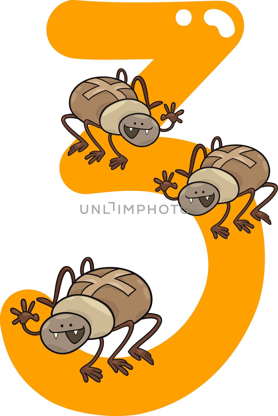 cartoon illustration with number three and spiders