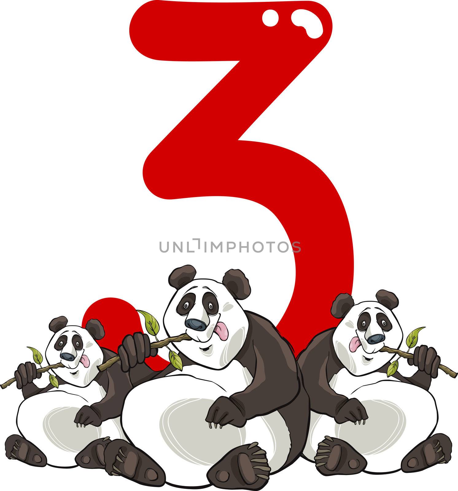 cartoon illustration with number three and panda bears