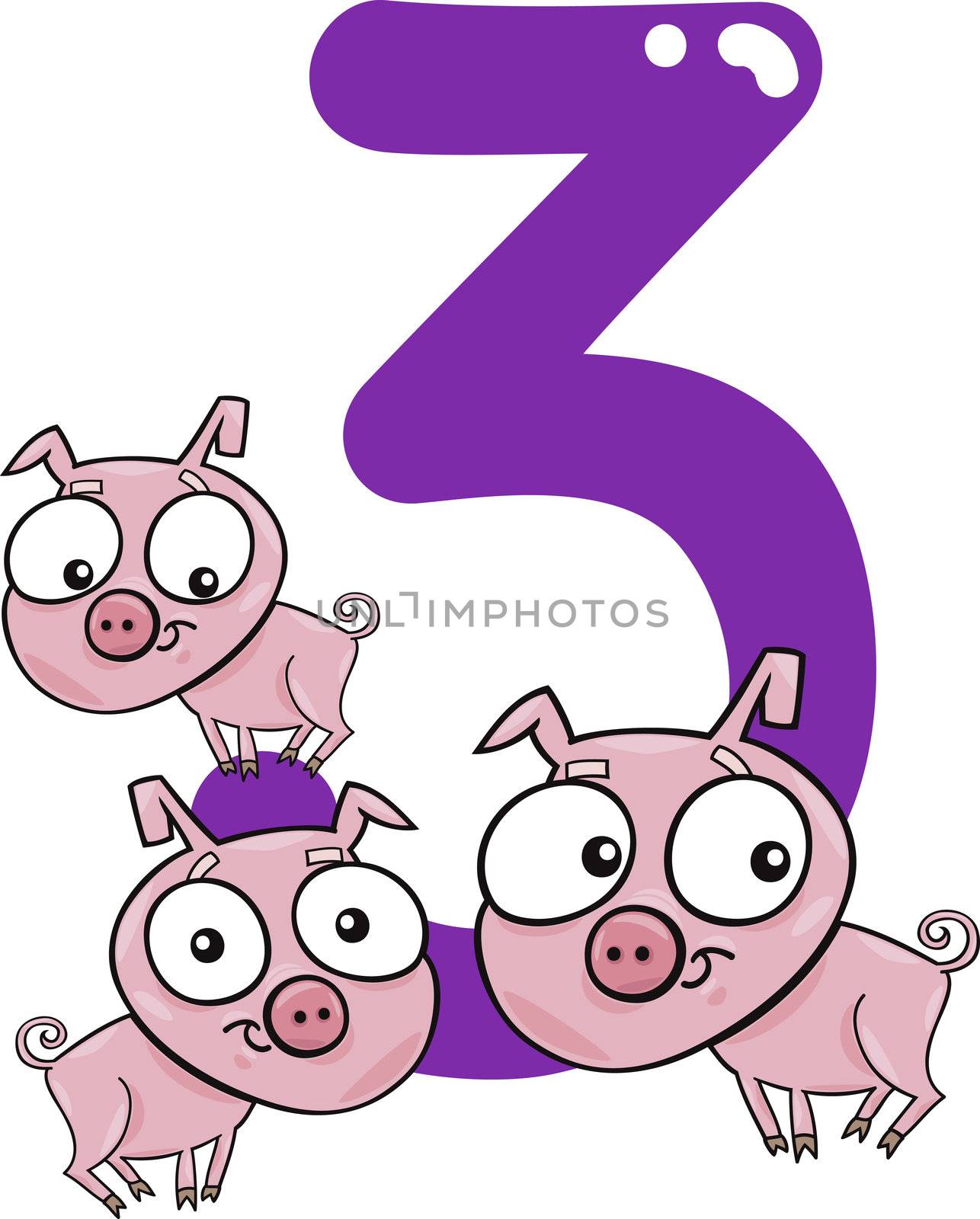 cartoon illustration with number three and pigs