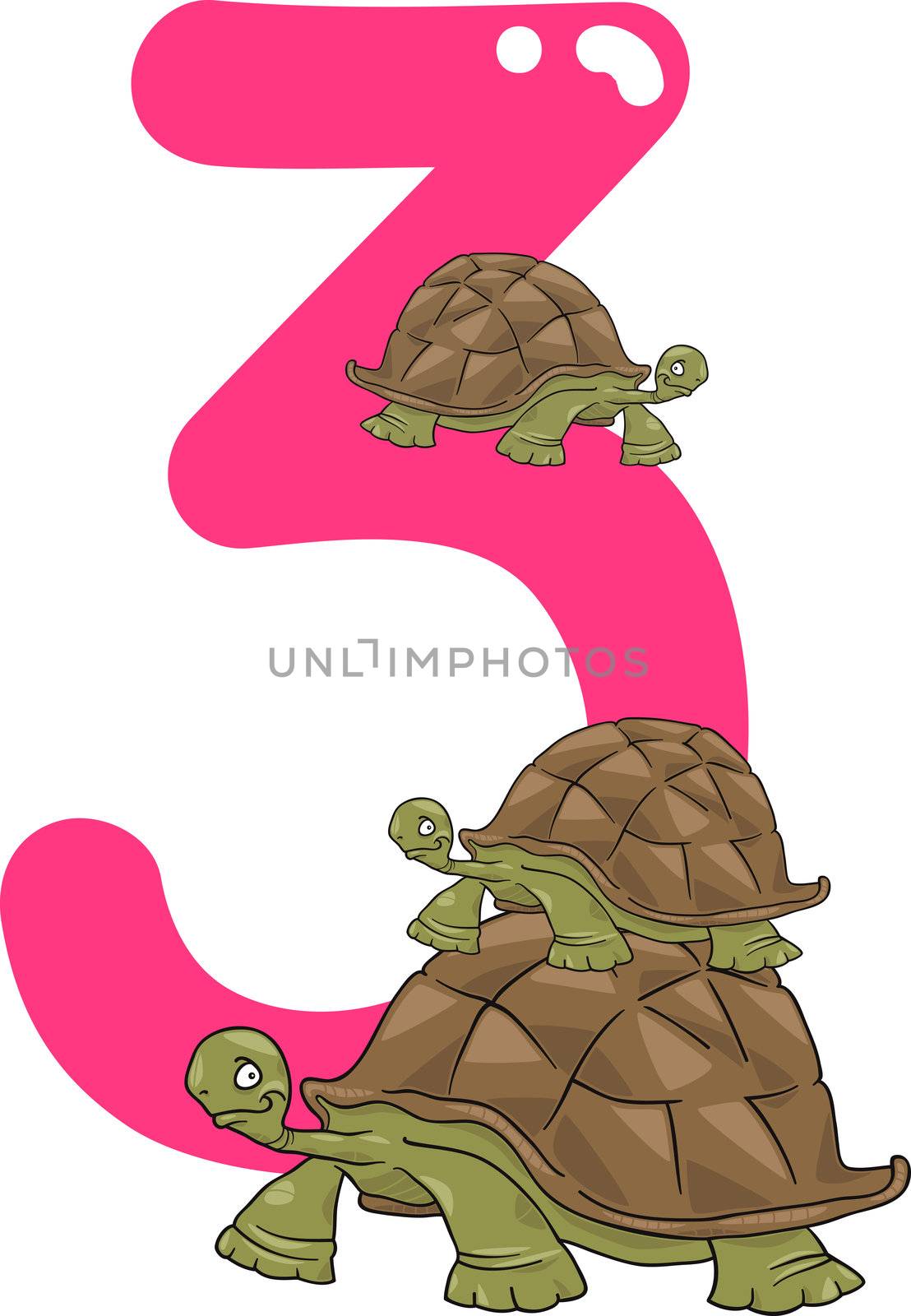 cartoon illustration with number three and turtles