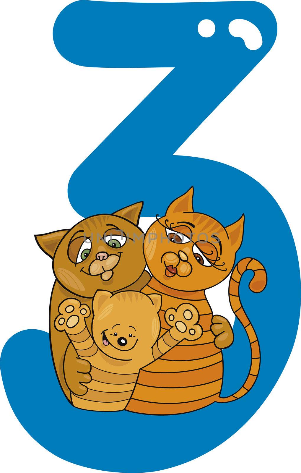 cartoon illustration with number three and cats