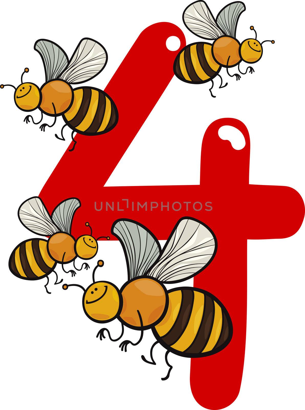 cartoon illustration with number four and bees