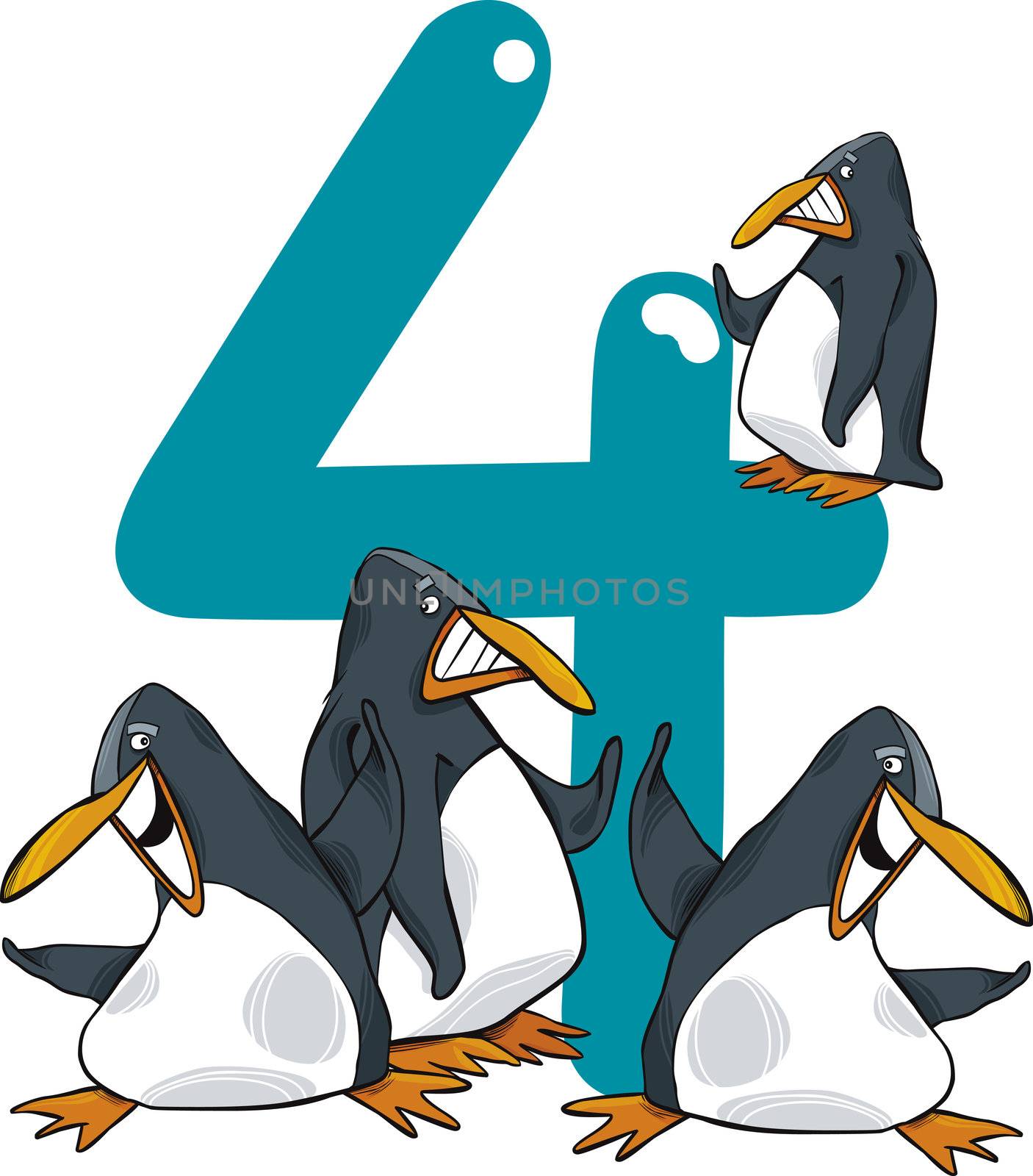 cartoon illustration with number four and penguins