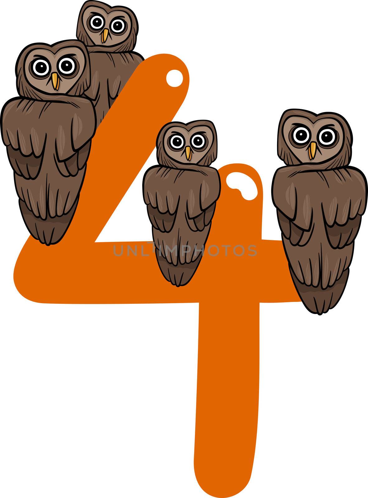 cartoon illustration with number four and owls