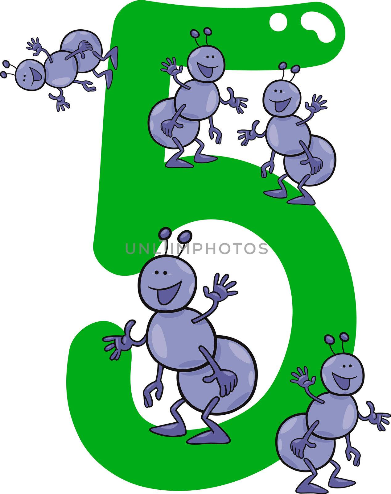 cartoon illustration with number five and ants