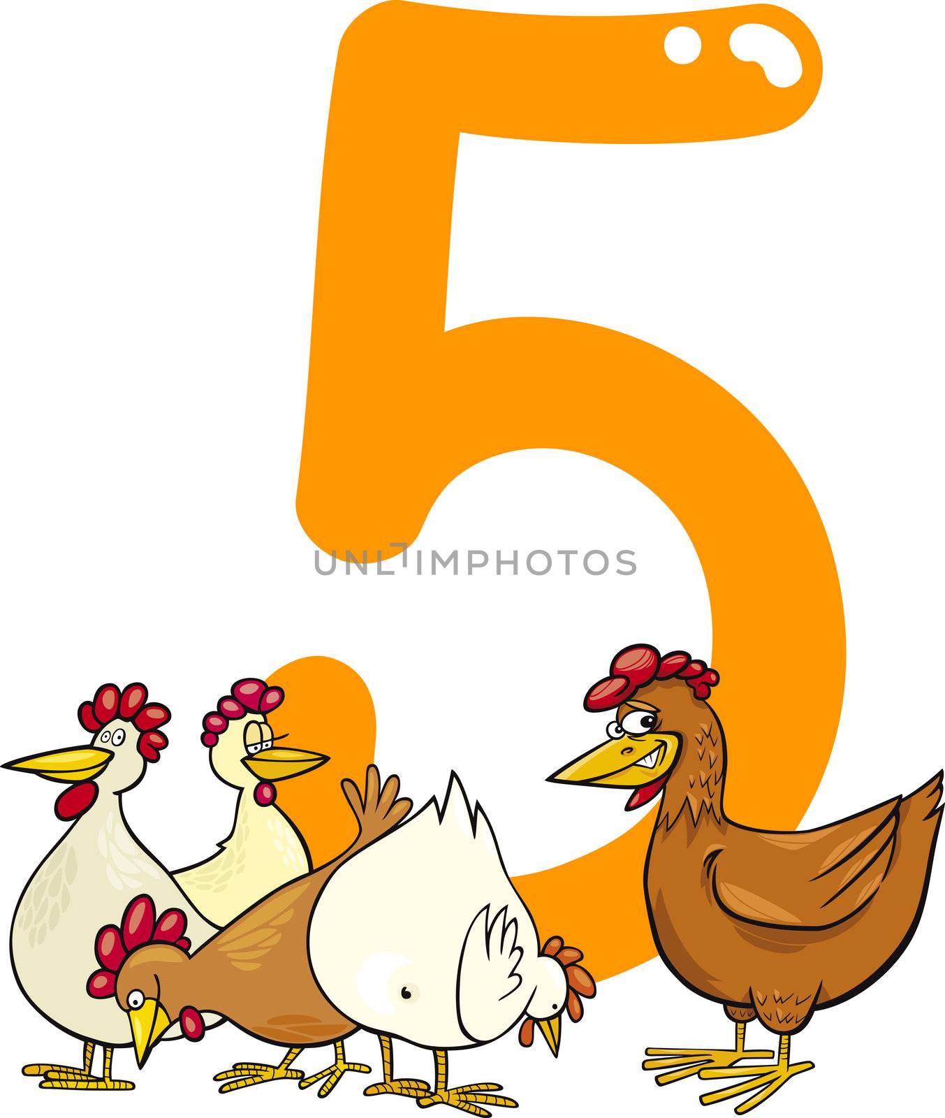 cartoon illustration with number five and hens
