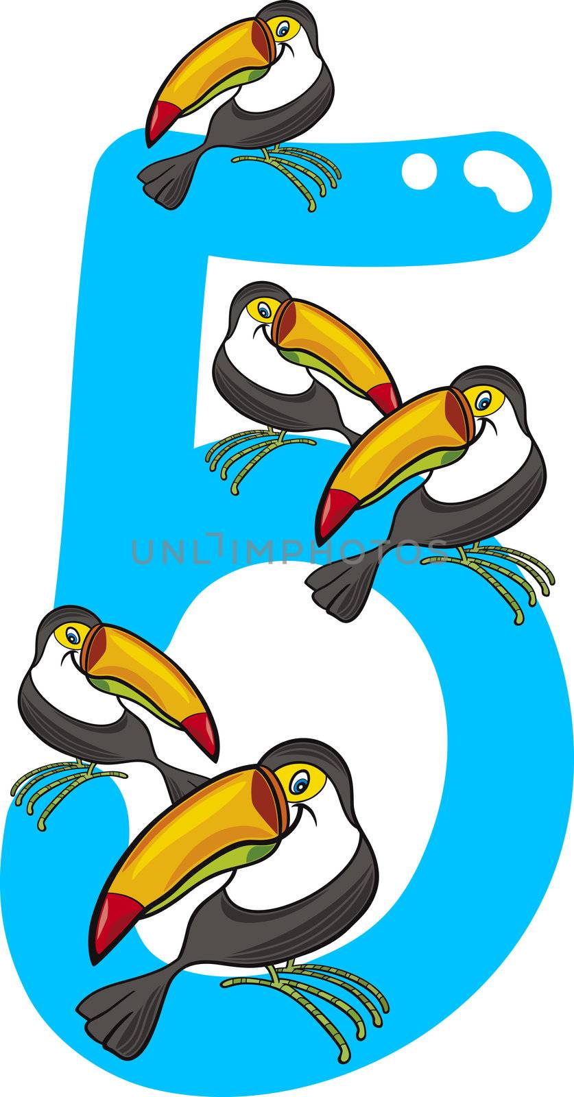 cartoon illustration with number five and toucans