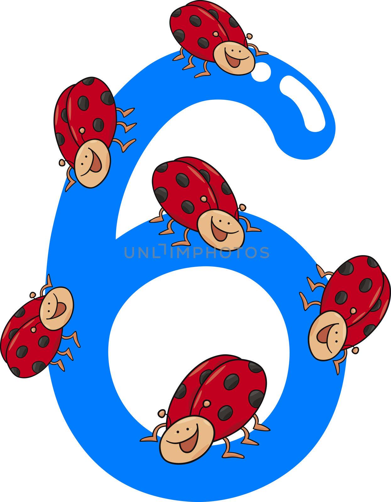 cartoon illustration with number six and ladybugs