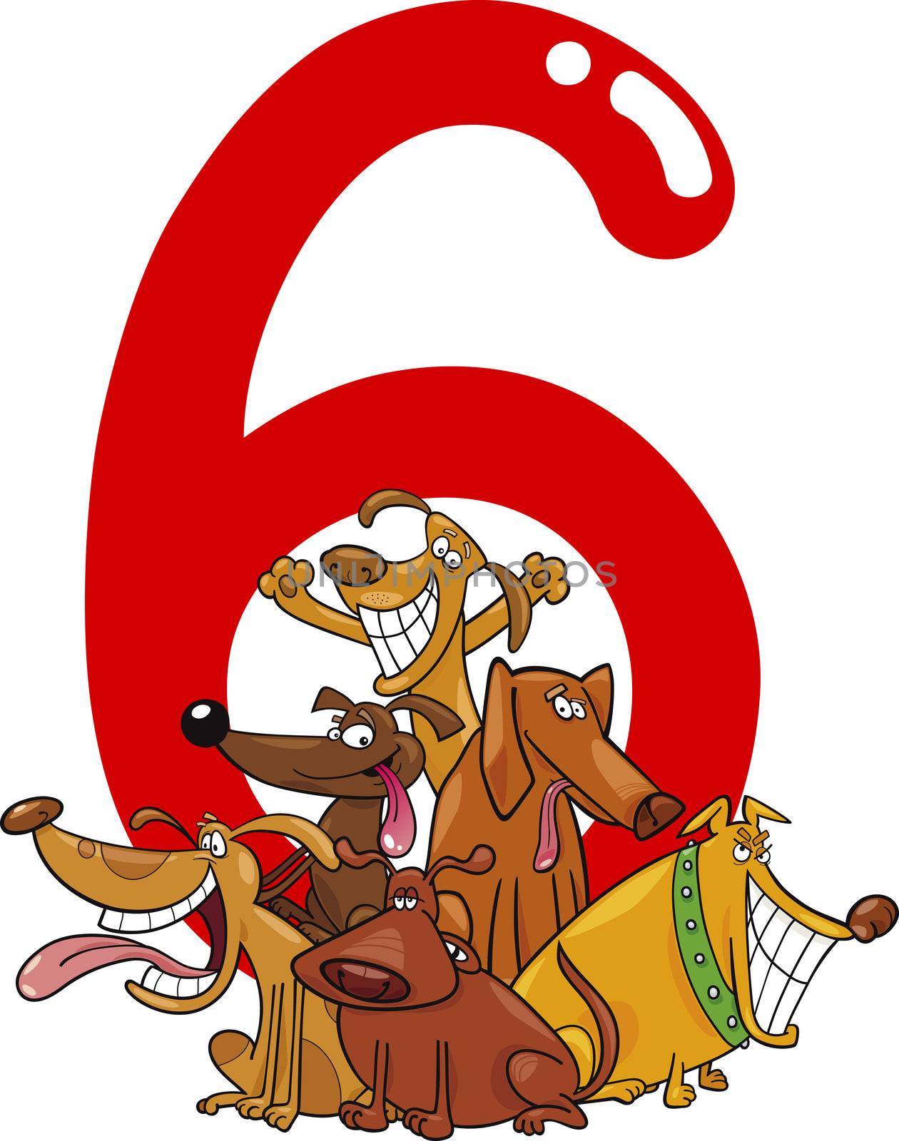 cartoon illustration with number six and group of dogs