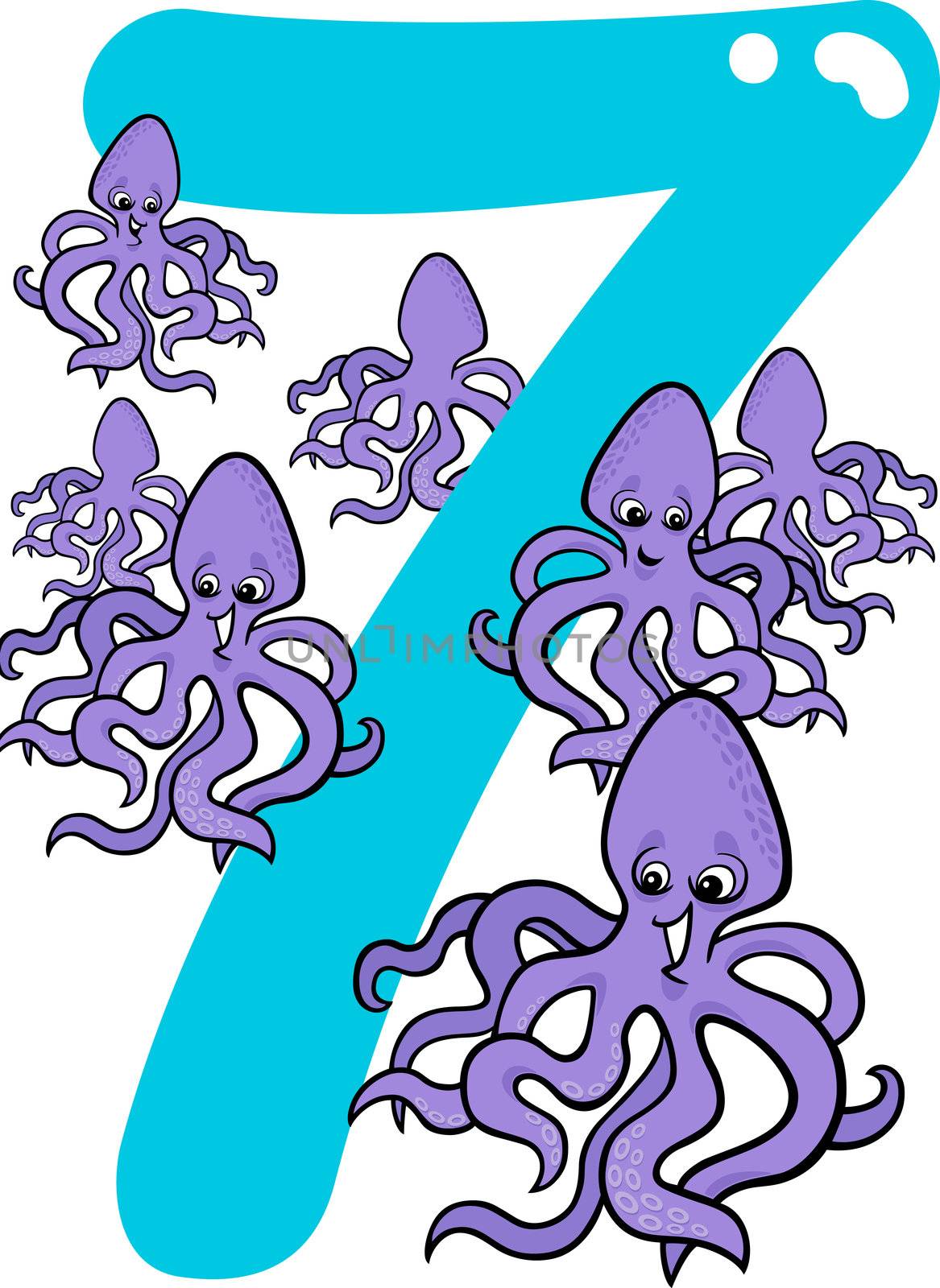cartoon illustration with number seven and octopuses