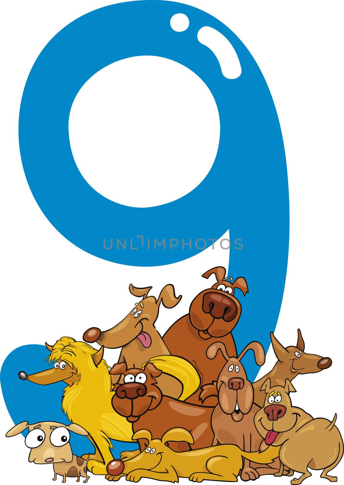 cartoon illustration with number nine and dogs