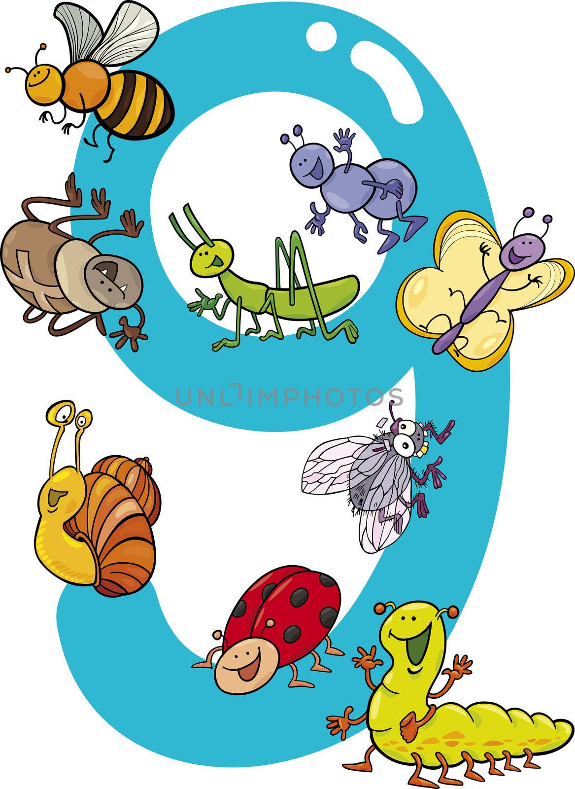 cartoon illustration with number nine and different insects