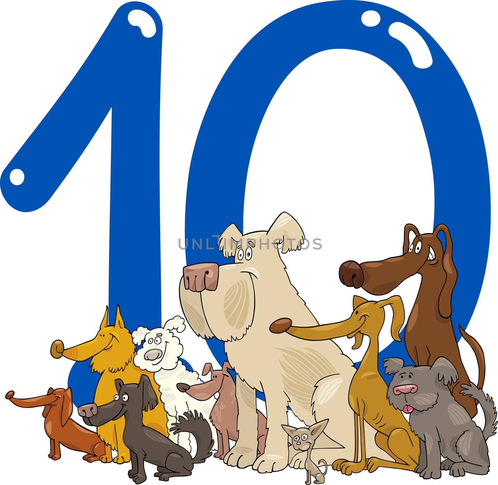 cartoon illustration with number ten and group of dogs