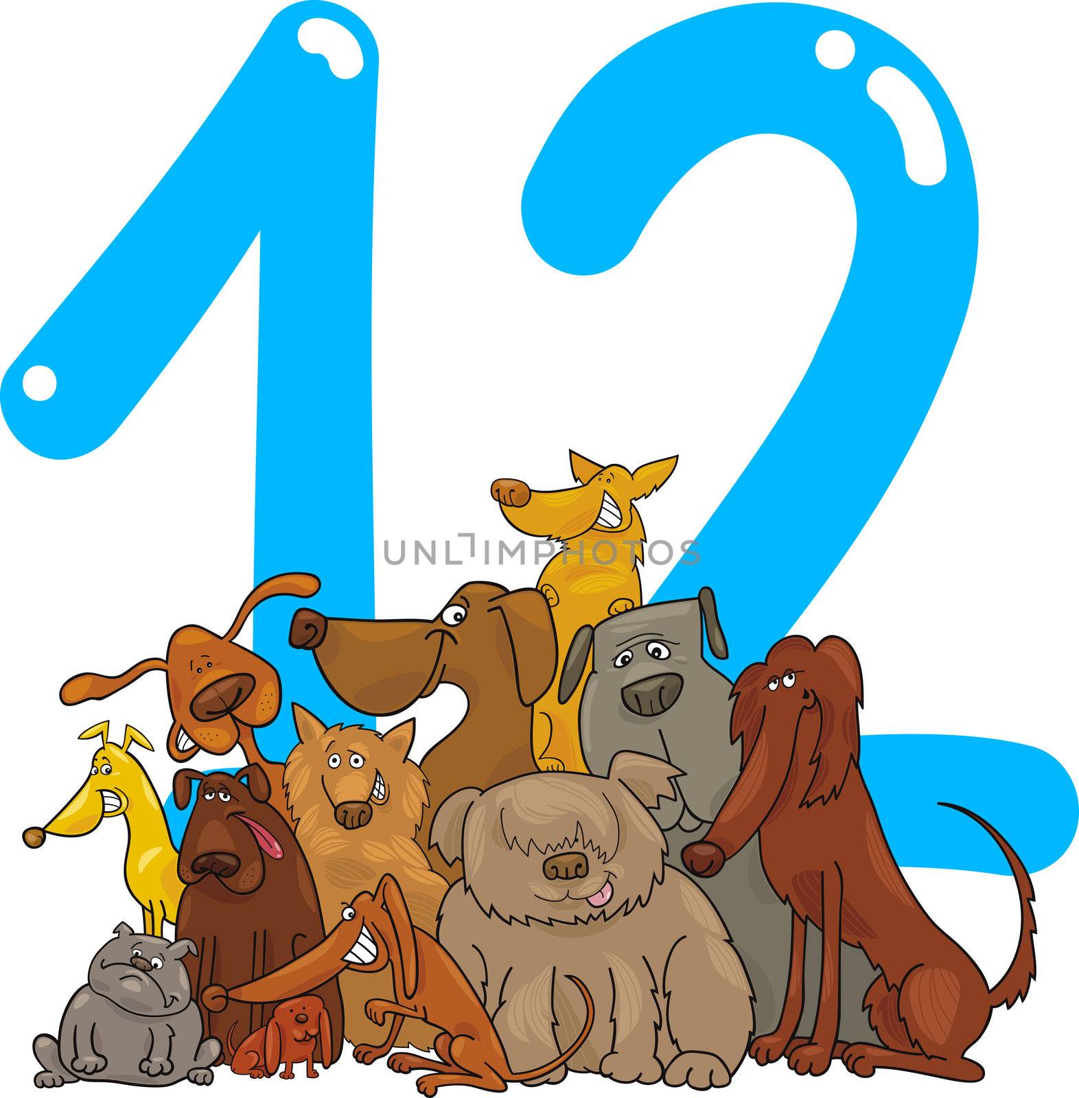 cartoon illustration with number twelve and dogs