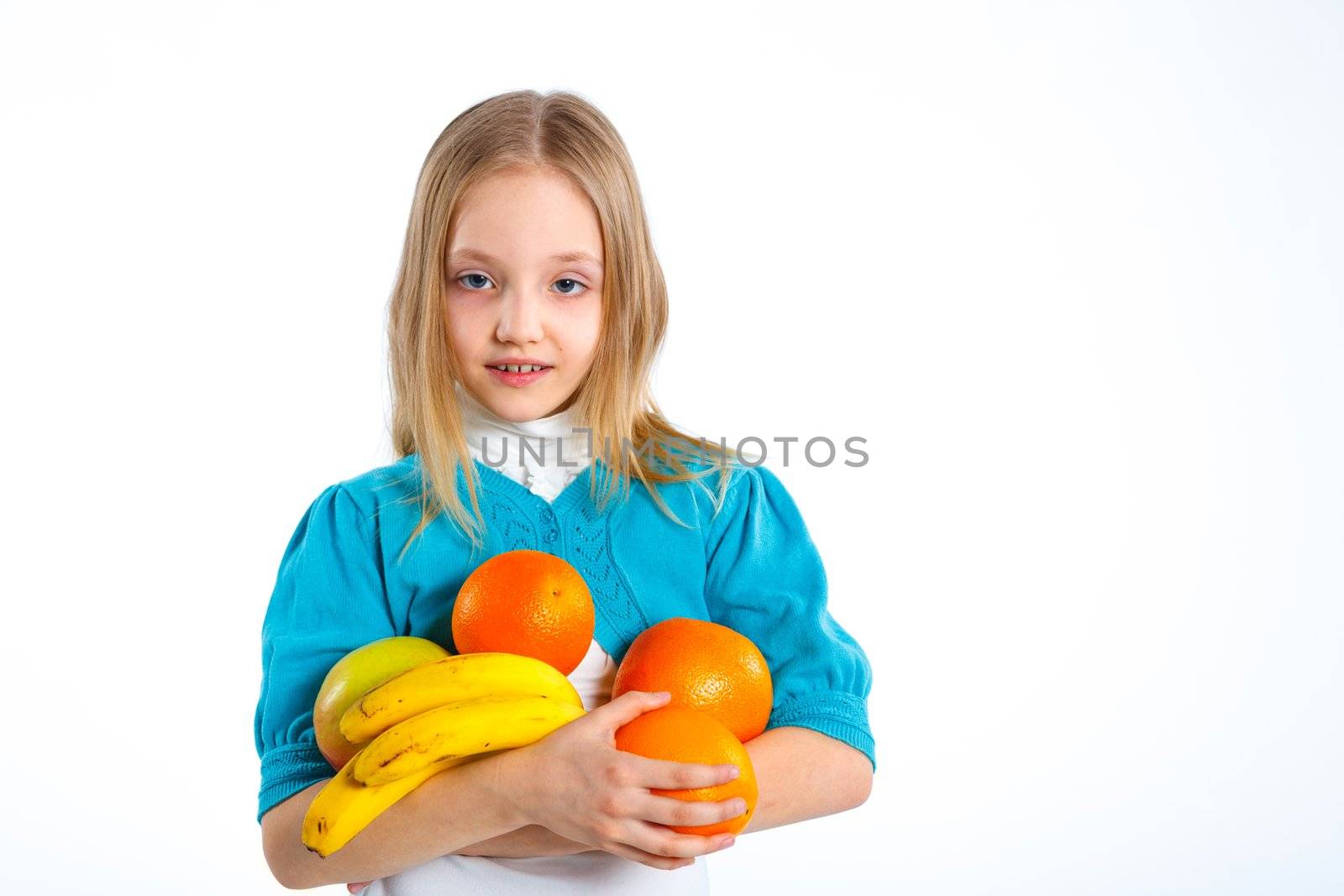Portrait of cute little girl with fruits. Isolated on a white background