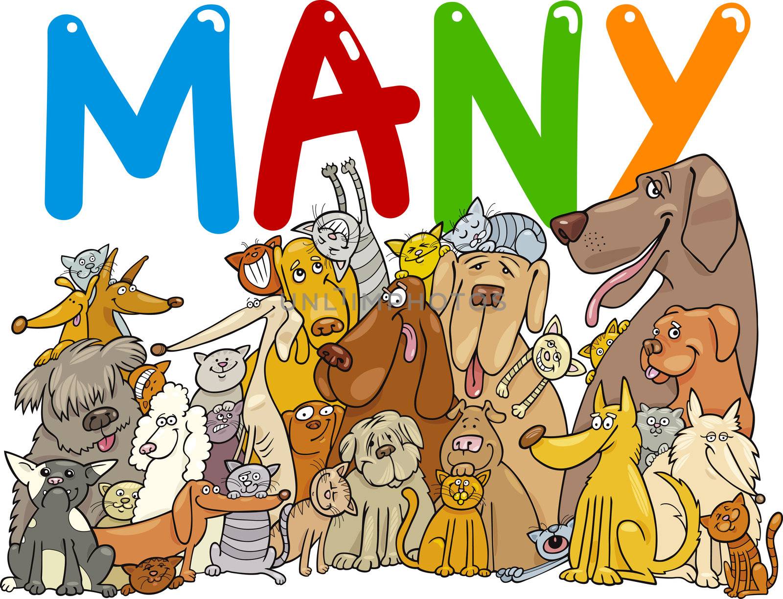 cartoon illustration with many cats and dogs